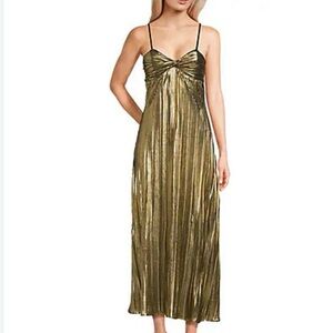 THIRTY THIRTY Women’s  Gold Pleated Maxi Dress with Spaghetti Straps